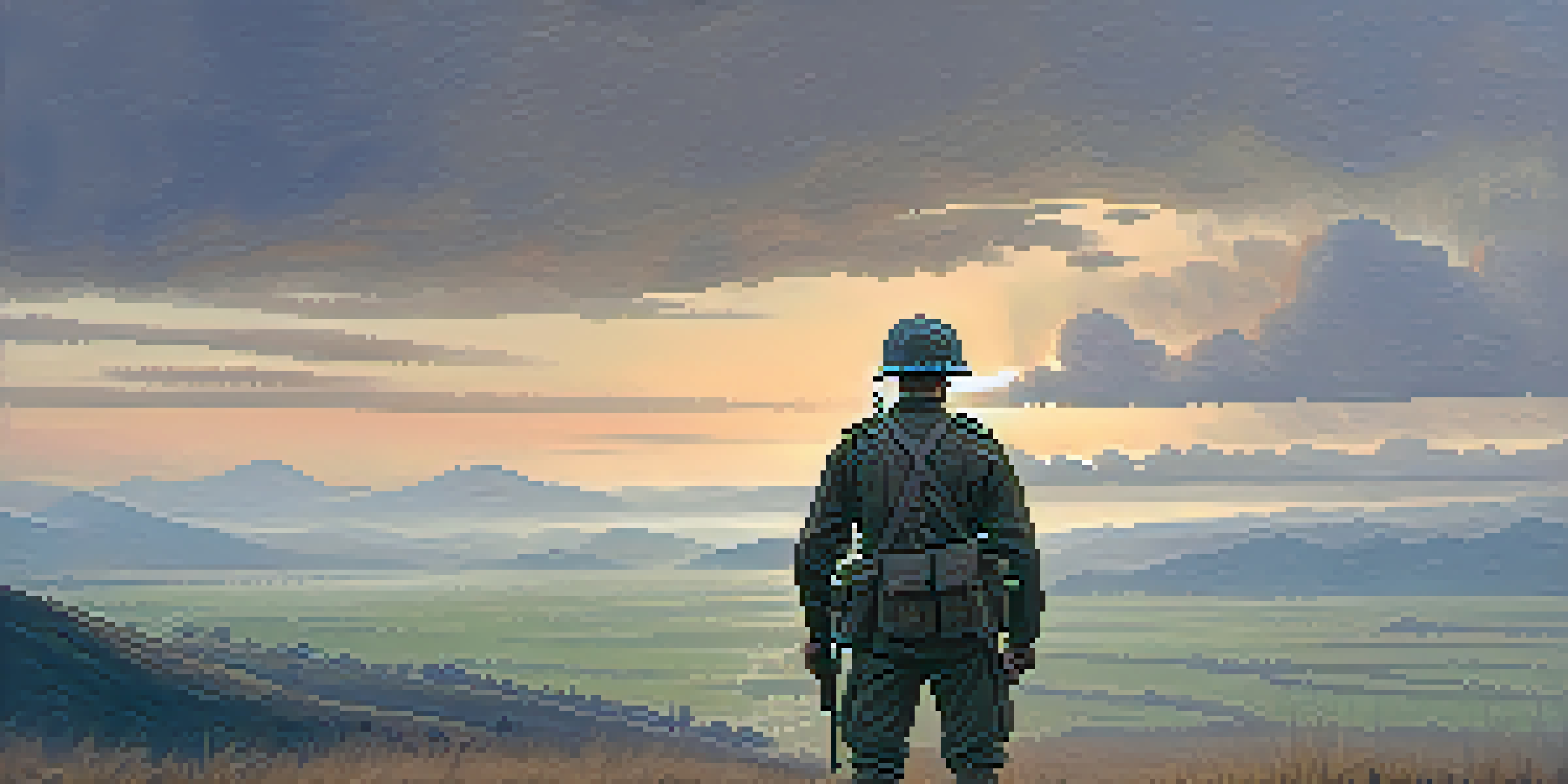 A soldier standing on a battlefield at dawn, with a thoughtful expression and soft golden light illuminating the scene.