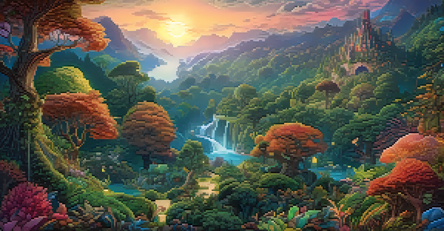 A vibrant CGI and hand-drawn landscape with a fantasy forest, colorful sky, and intricate details illuminated by ethereal lighting.