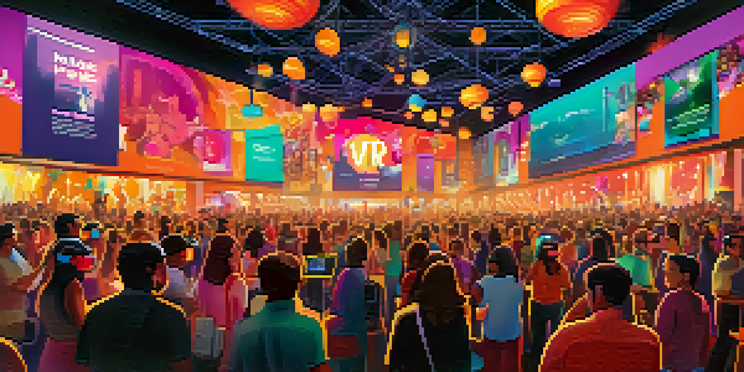 A lively film festival with a diverse crowd using virtual reality headsets, surrounded by colorful banners and screens.