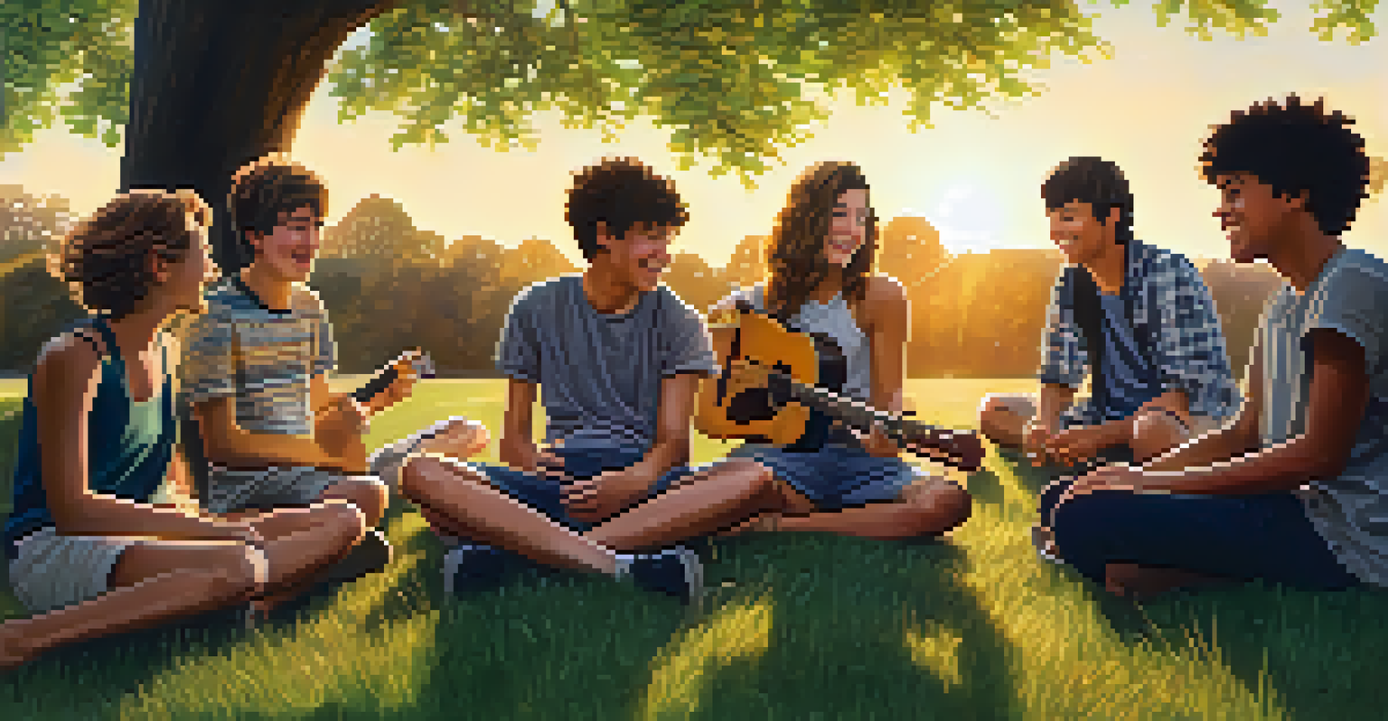 A teenage boy playing guitar in a park with friends enjoying a picnic, surrounded by greenery and a warm sunset glow.