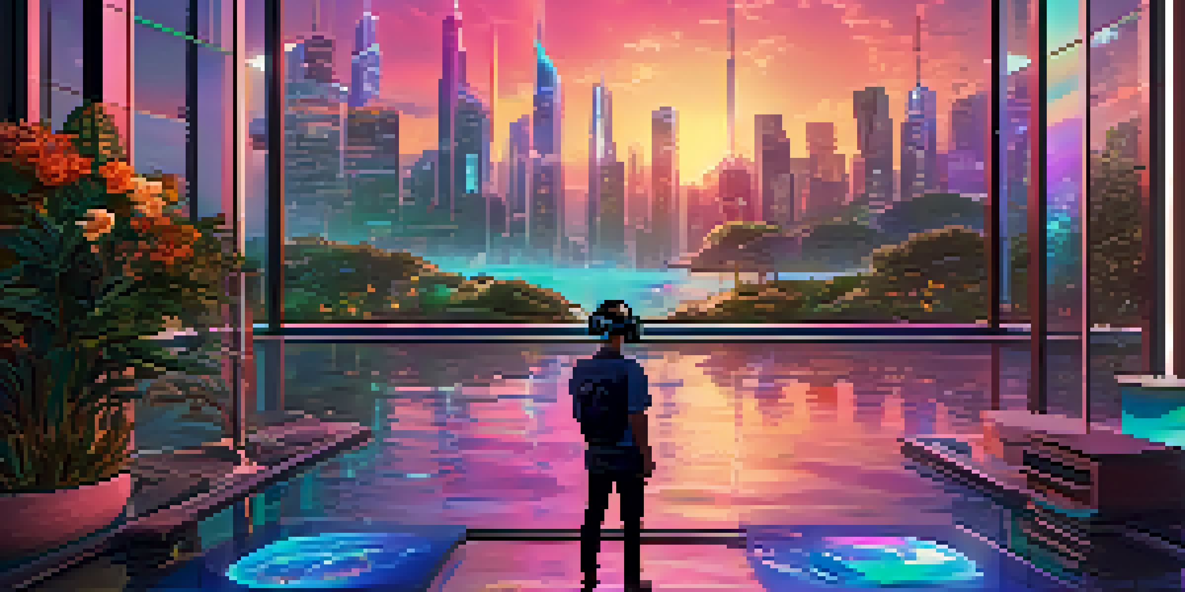A futuristic cityscape at sunset with a character wearing a VR headset interacting with a holographic display in the foreground.