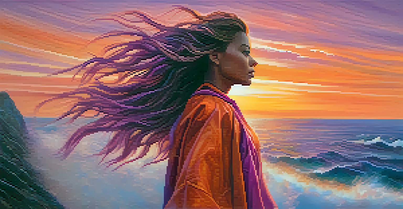 A strong female character on a cliff at sunset, overlooking the ocean, symbolizing empowerment and independence.