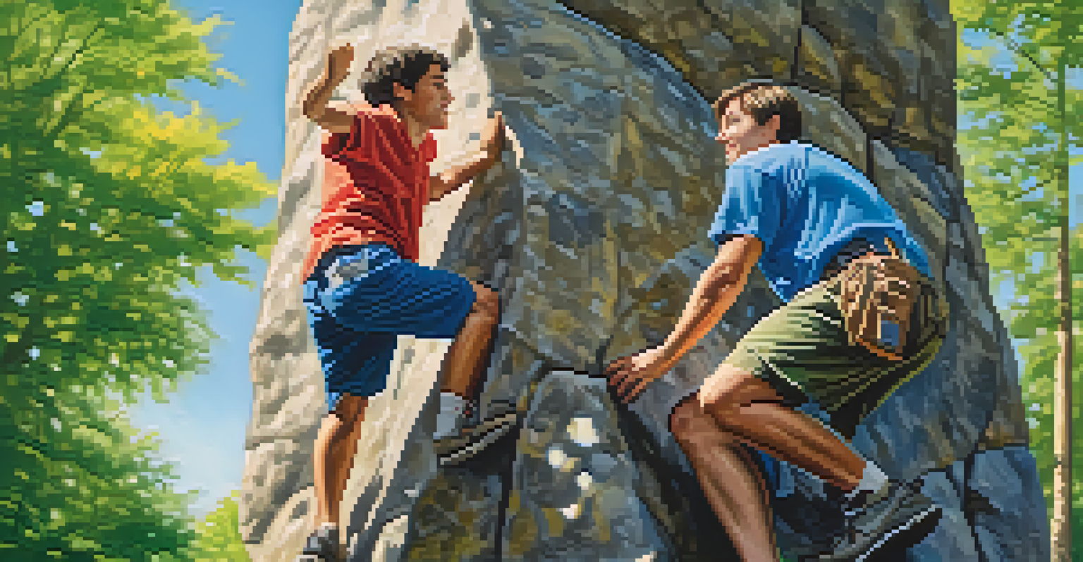 A determined person with a visible disability climbing a rock wall outdoors, supported by a friend, symbolizing empowerment and teamwork.