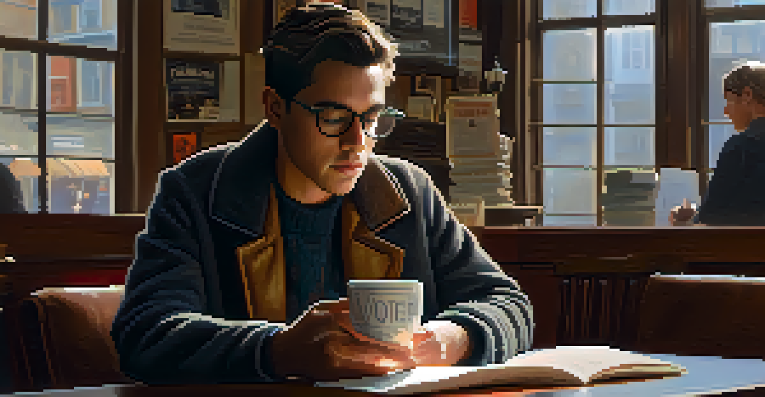 An Academy voter reading film reviews at a café table with a cup of coffee, surrounded by books and film memorabilia.