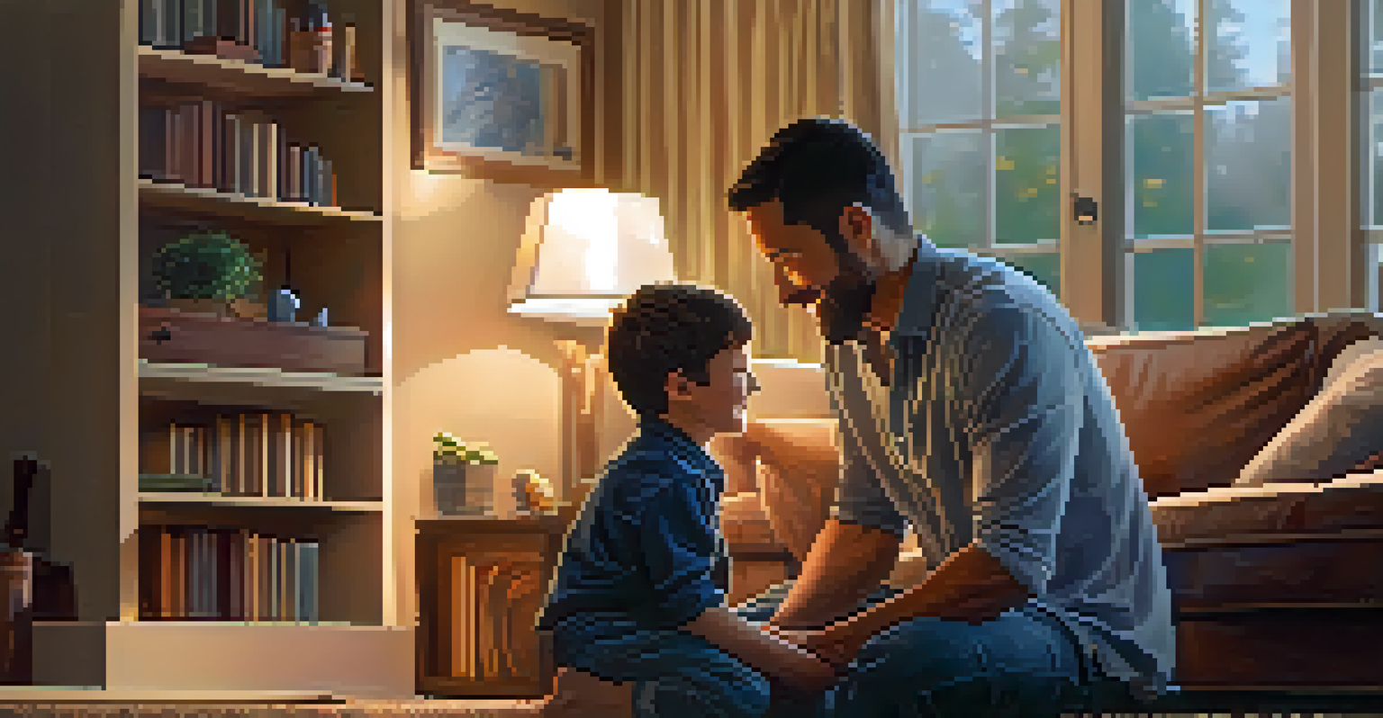 A father kneeling and embracing his son in a cozy living room, showcasing a moment of love and connection.