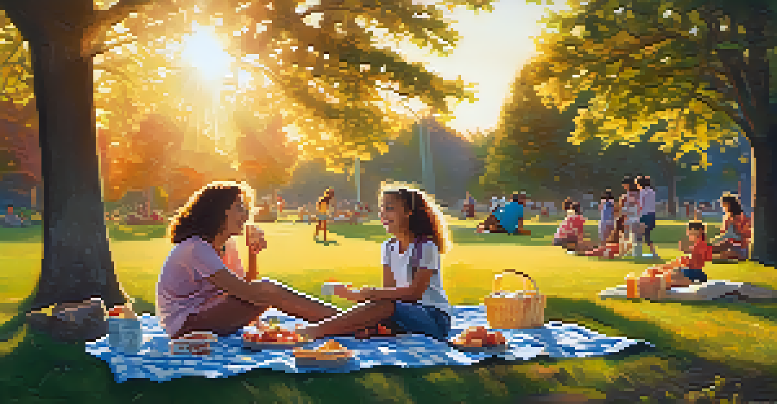 A mother and daughter enjoying a picnic in a park while children play freely nearby.