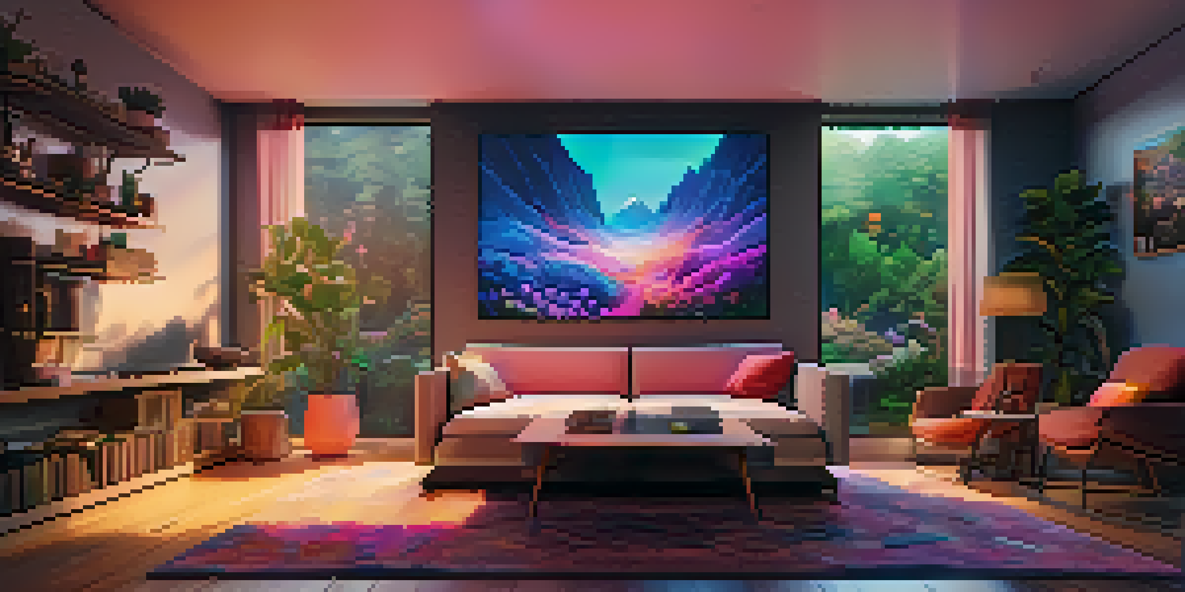 A person in a cozy living room wearing a VR headset, surrounded by advanced technology and colorful digital landscapes.