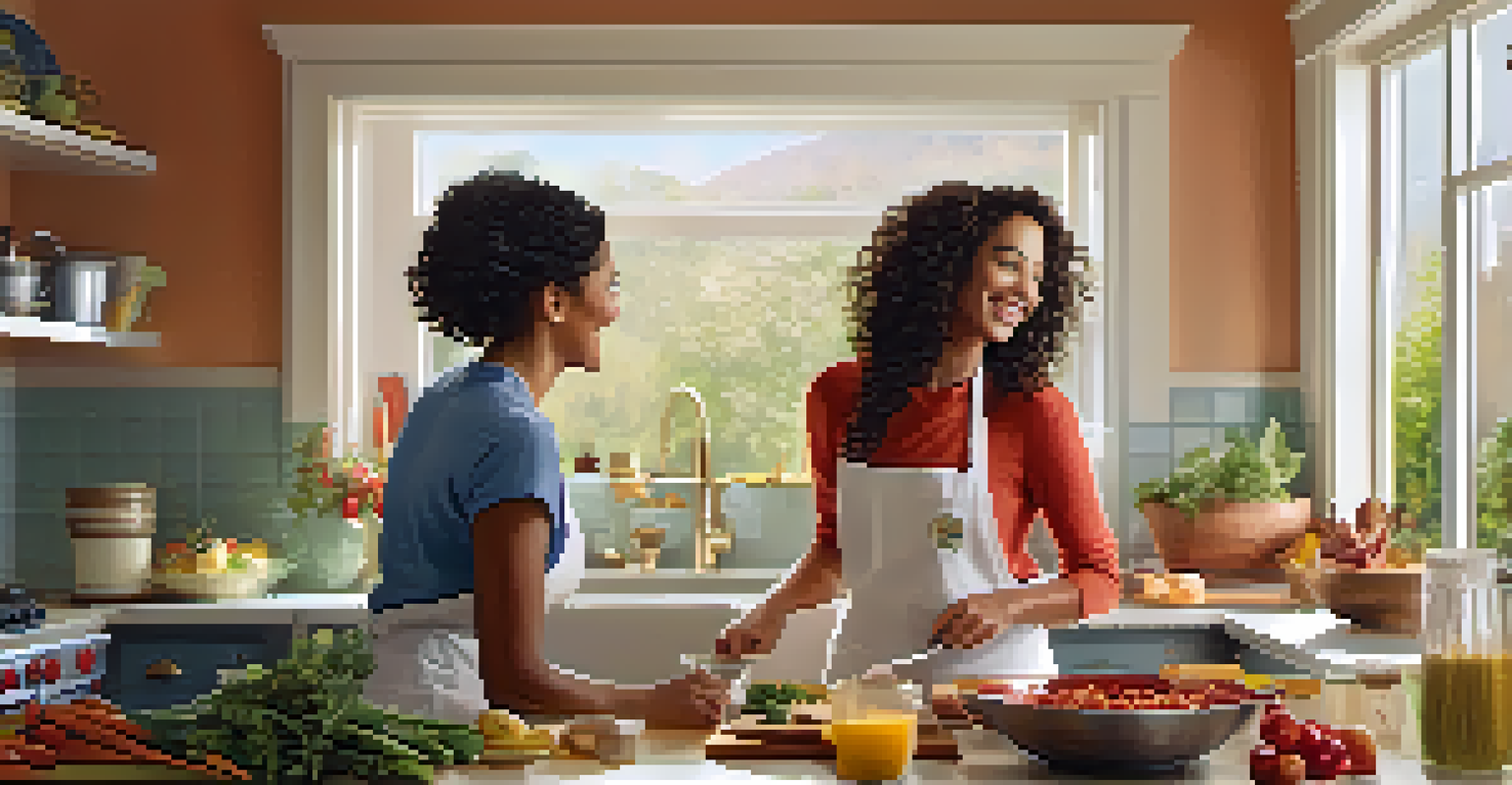 A well-known actress in a cozy kitchen, smiling while cooking with bright natural light and colorful ingredients.