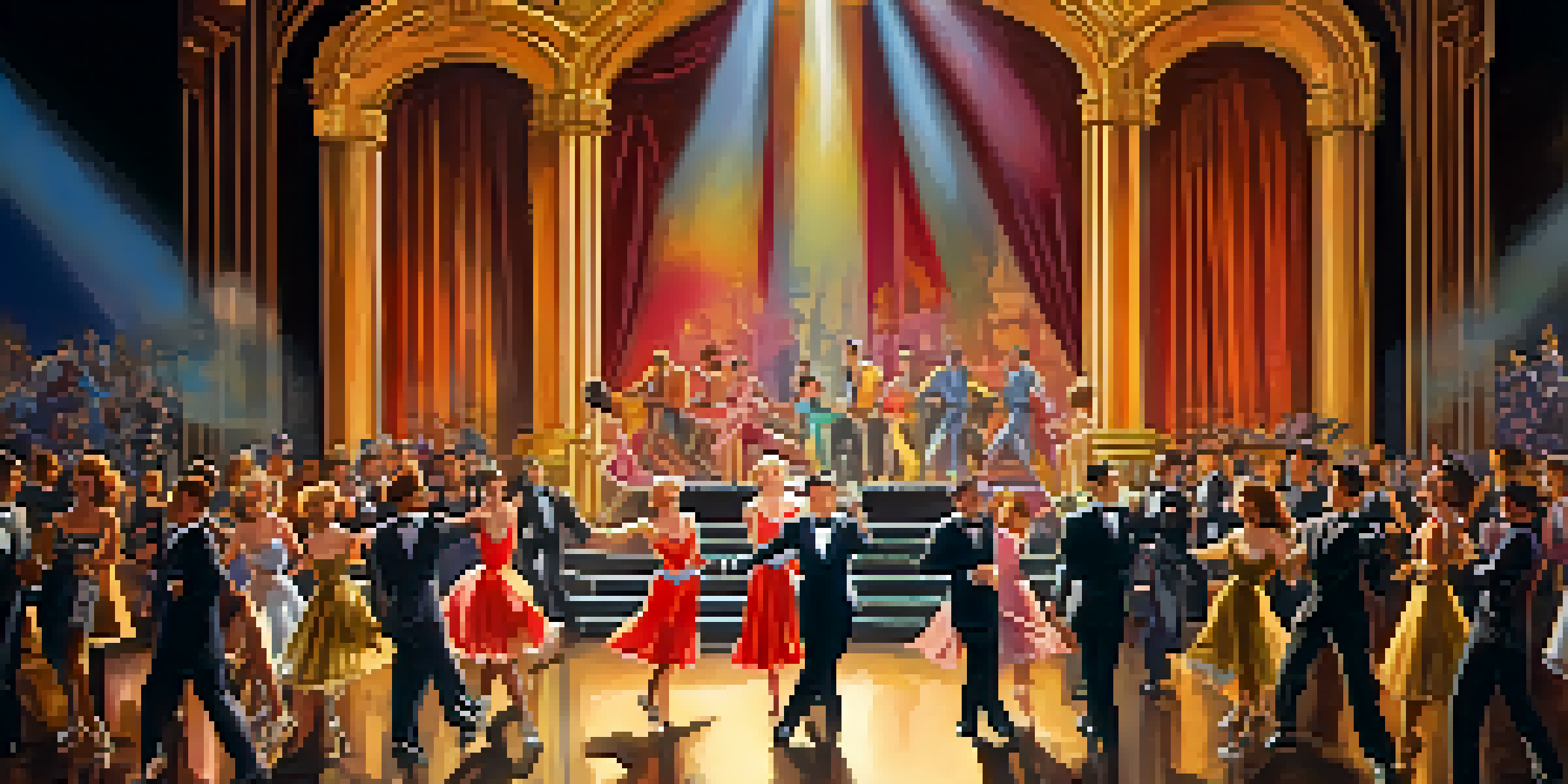 A colorful 1940s Hollywood musical scene with dancers in vibrant costumes on a grand stage, surrounded by a lavish art deco theater.