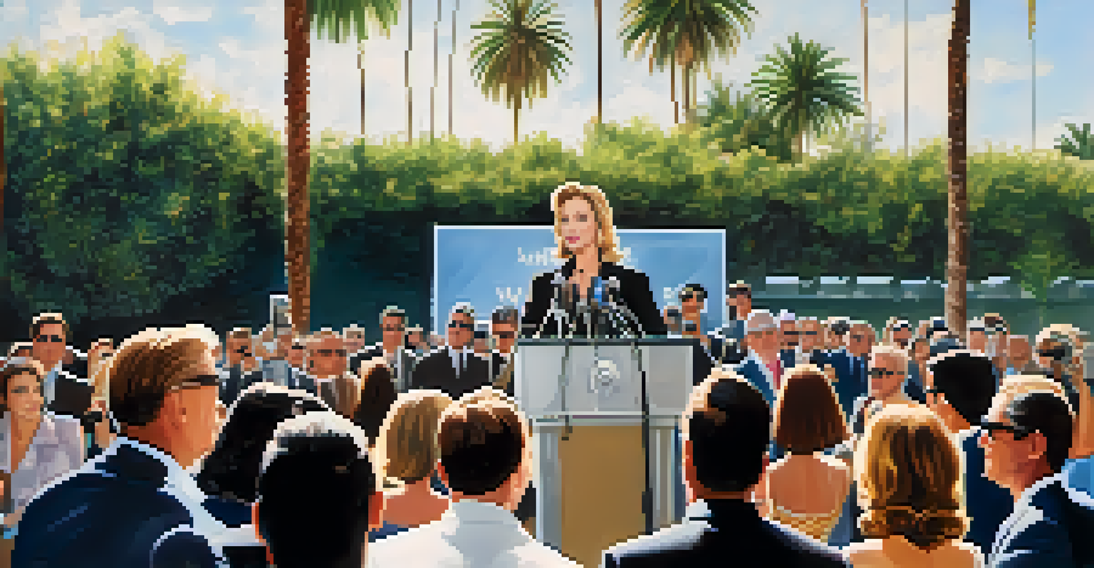 A celebrity at an outdoor press conference, speaking to reporters with microphones and cameras, set against a sunny Hollywood backdrop.