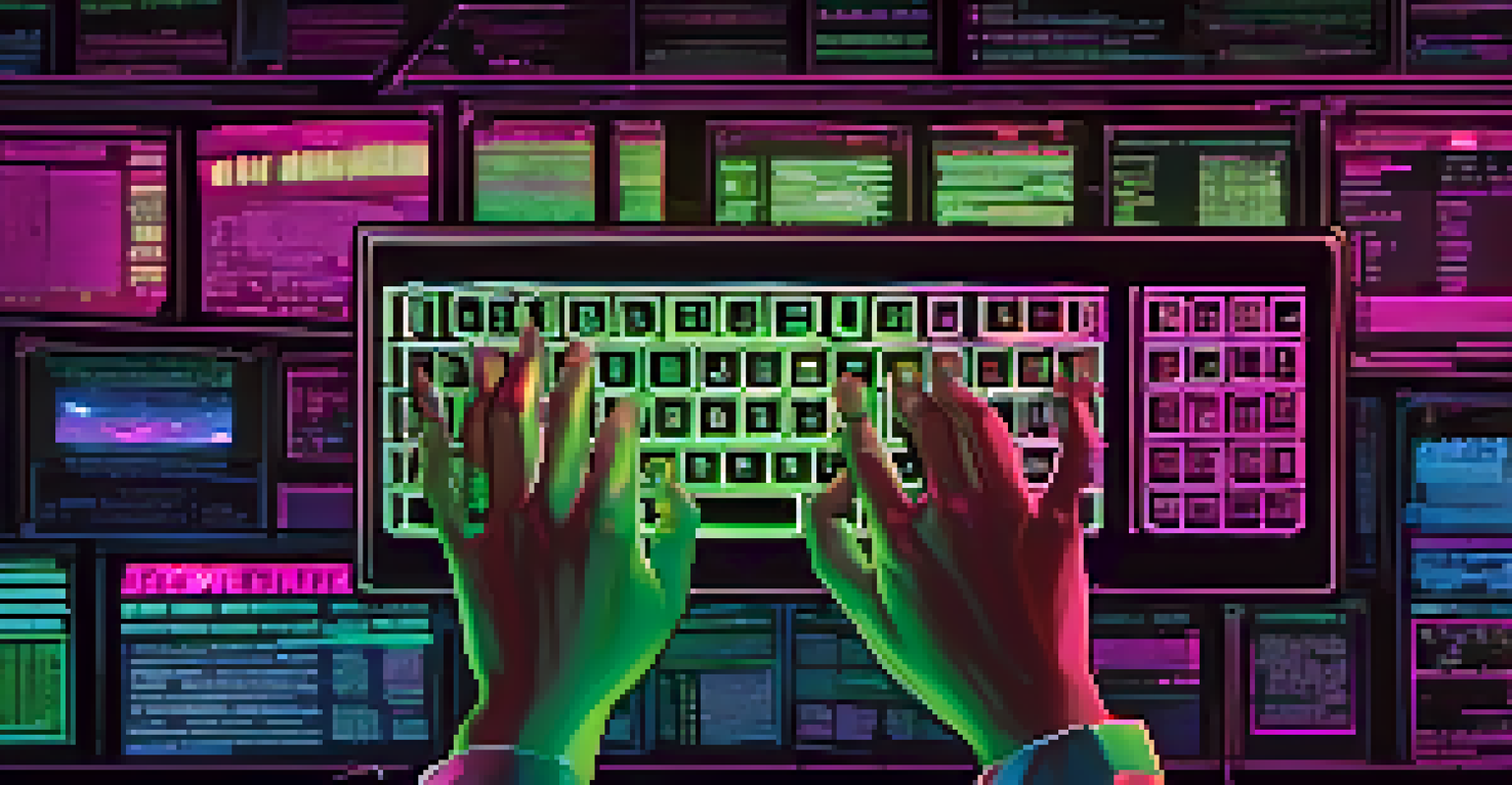 Close-up of a hacker's hands typing on a keyboard, surrounded by glowing screens filled with code and security alerts, creating a high-tech atmosphere.