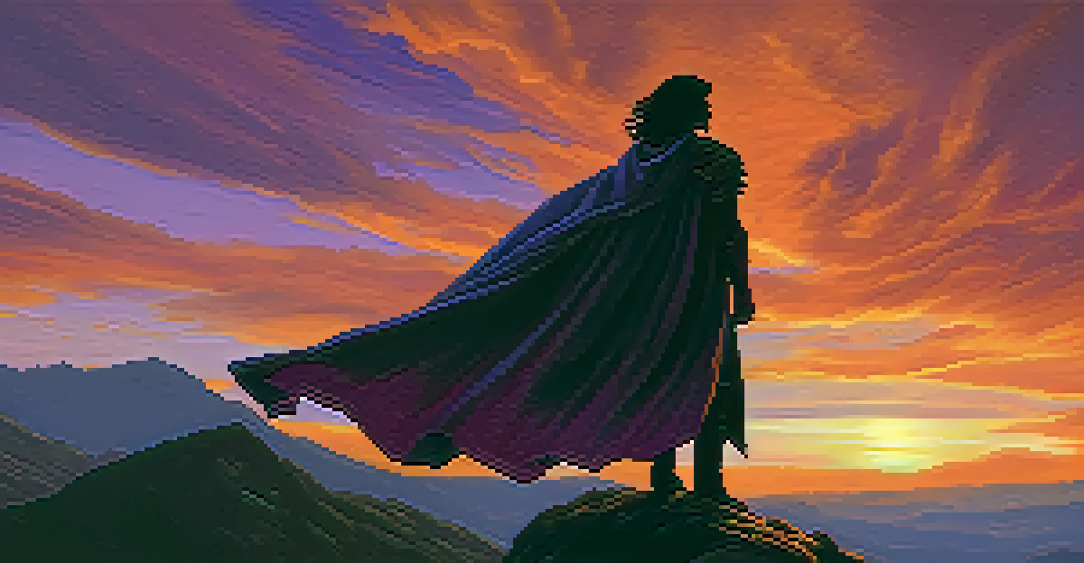 A low-angle shot of a heroic character on a mountaintop at sunset, looking powerful.
