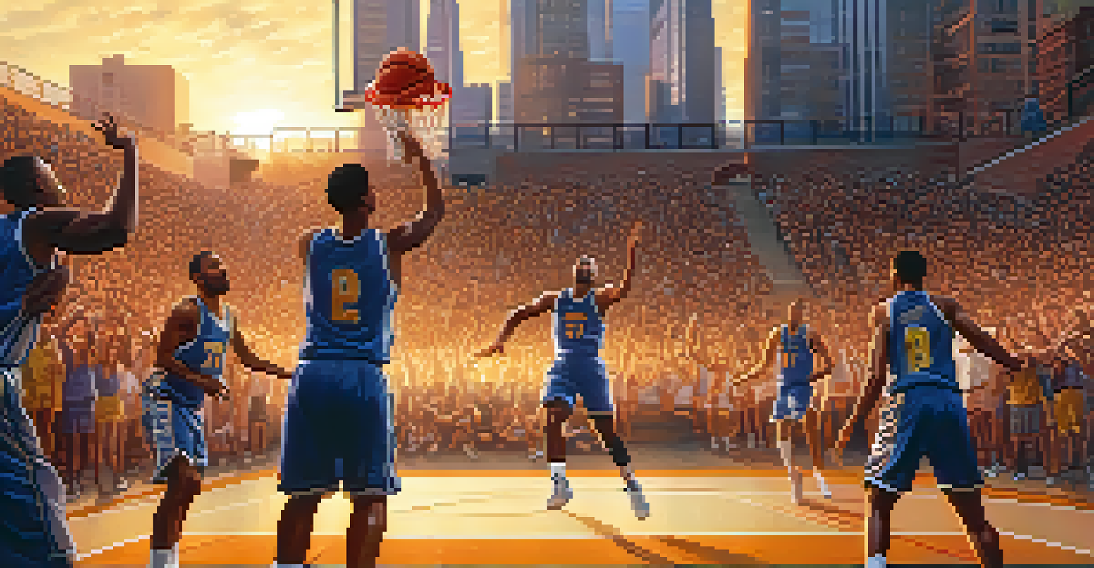 Basketball players in mid-air attempting a dunk during sunset, with an excited crowd in the background.