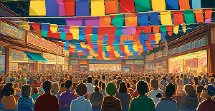 A lively scene of an independent animation festival with diverse animators and colorful displays.