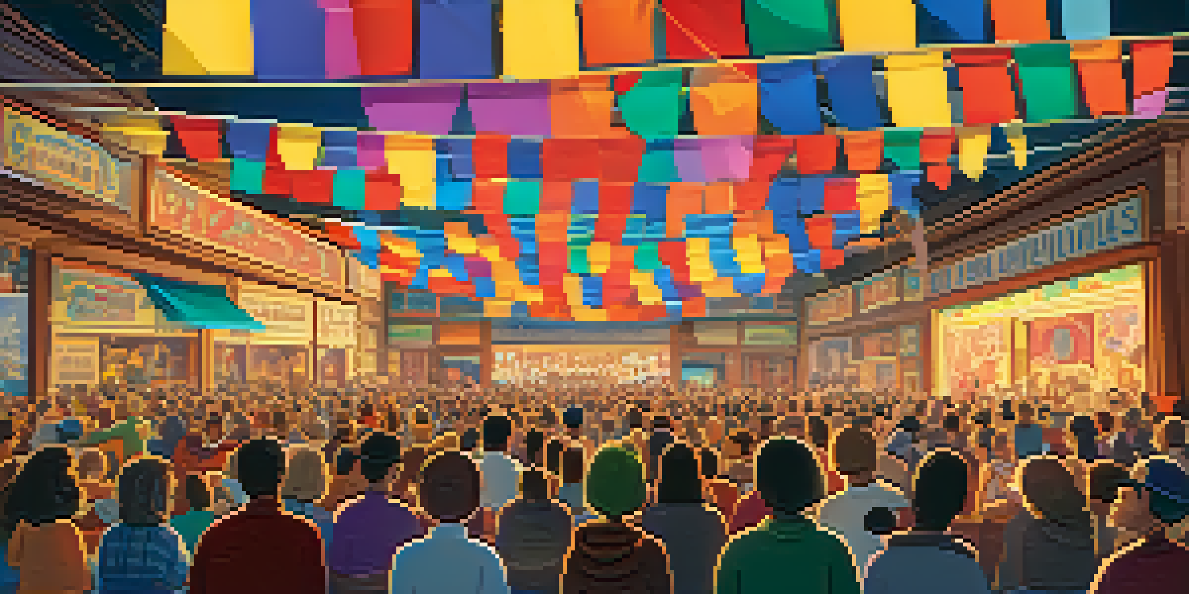 A lively scene of an independent animation festival with diverse animators and colorful displays.