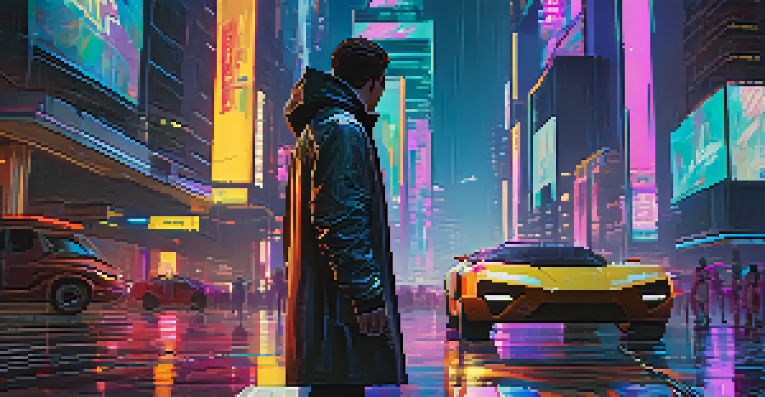 A character in a futuristic city, illuminated by neon lights, confronting a moral dilemma with a holographic device.