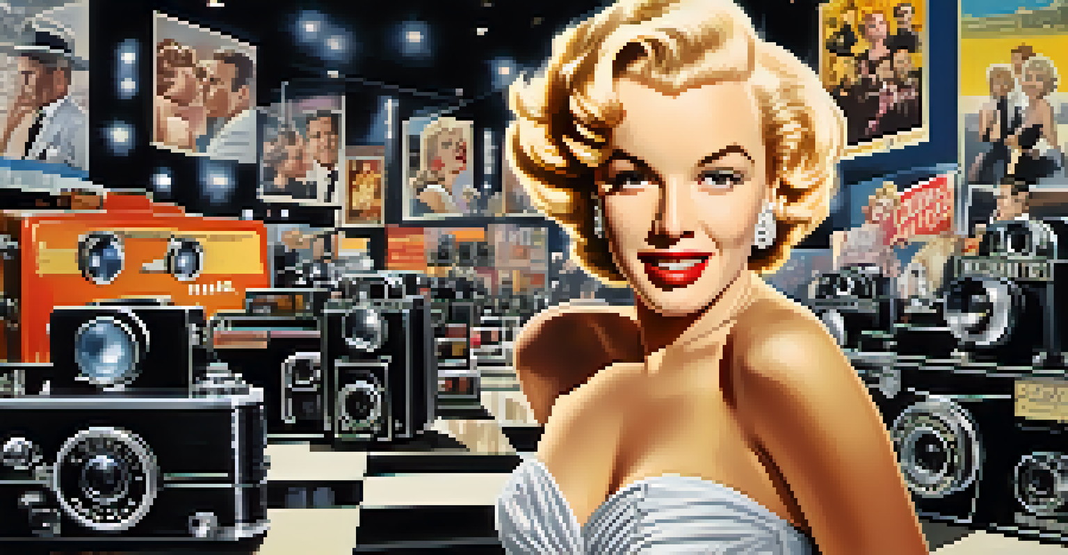 A glamorous 1950s film set with a famous actress, vintage cameras, and bright spotlights, showcasing the connection between Hollywood and advertising.