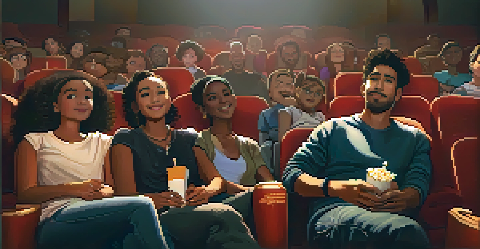 An audience of diverse individuals watching a film in a cozy screening room.