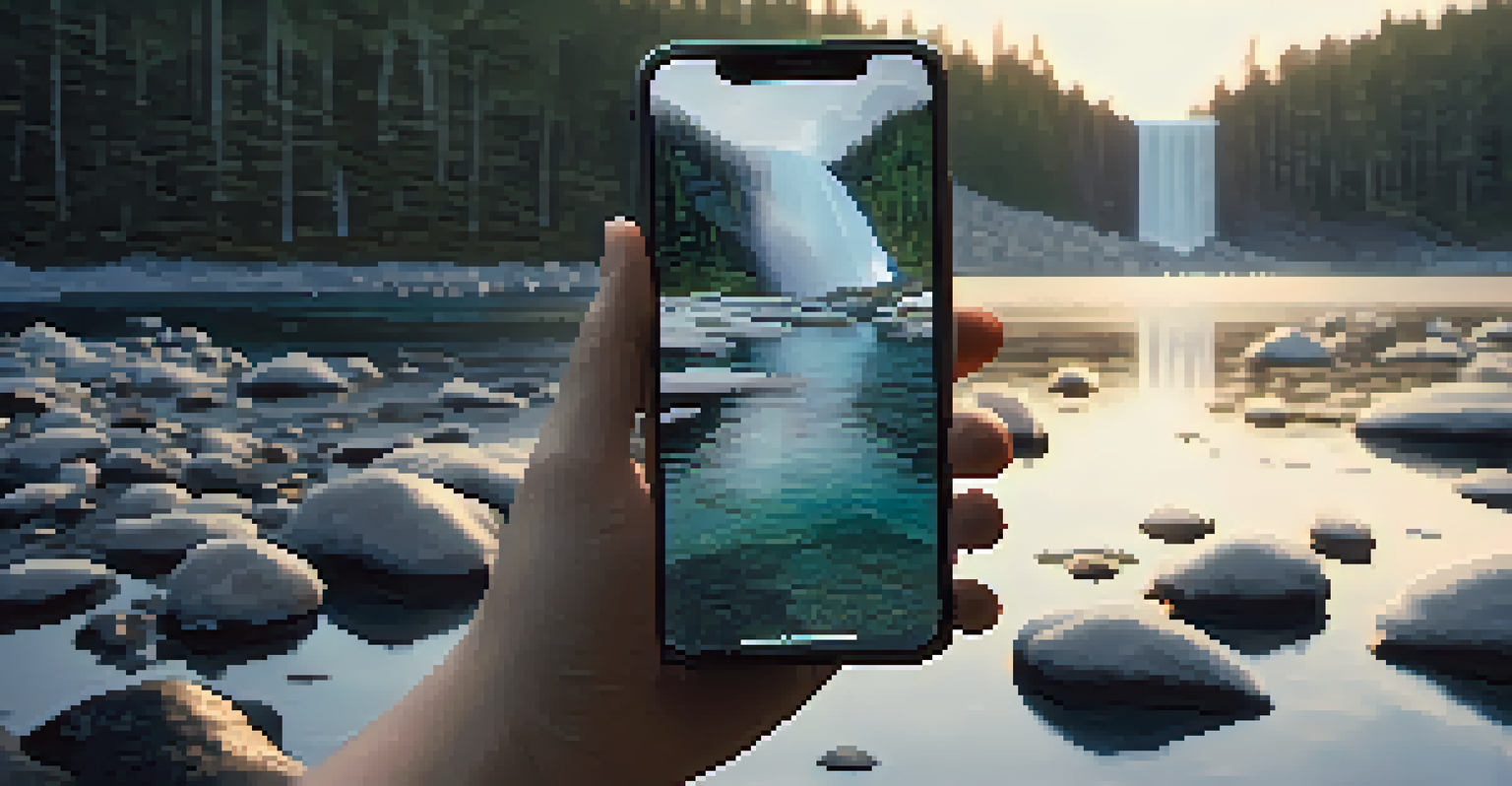 A close-up of a hand holding a smartphone displaying a documentary about climate change, with nature images in the background.