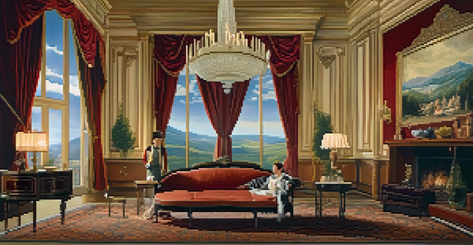 A lavish silent film era set with vintage furniture and actors in period costumes.