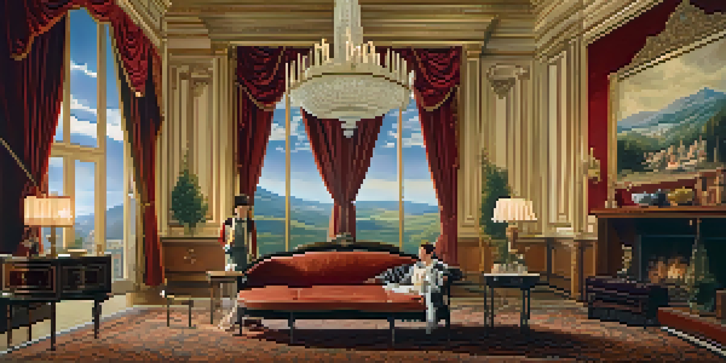 A lavish silent film era set with vintage furniture and actors in period costumes.