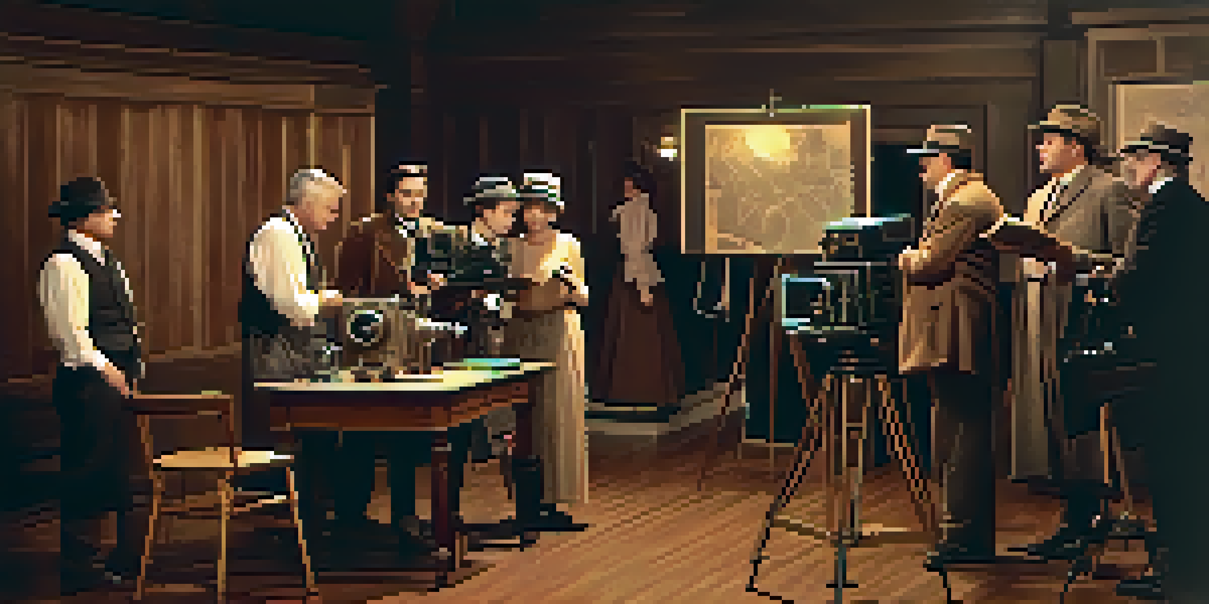 A vintage film set with a director and actors in early 1900s costumes, surrounded by old cameras and film reels, illuminated by warm lighting.