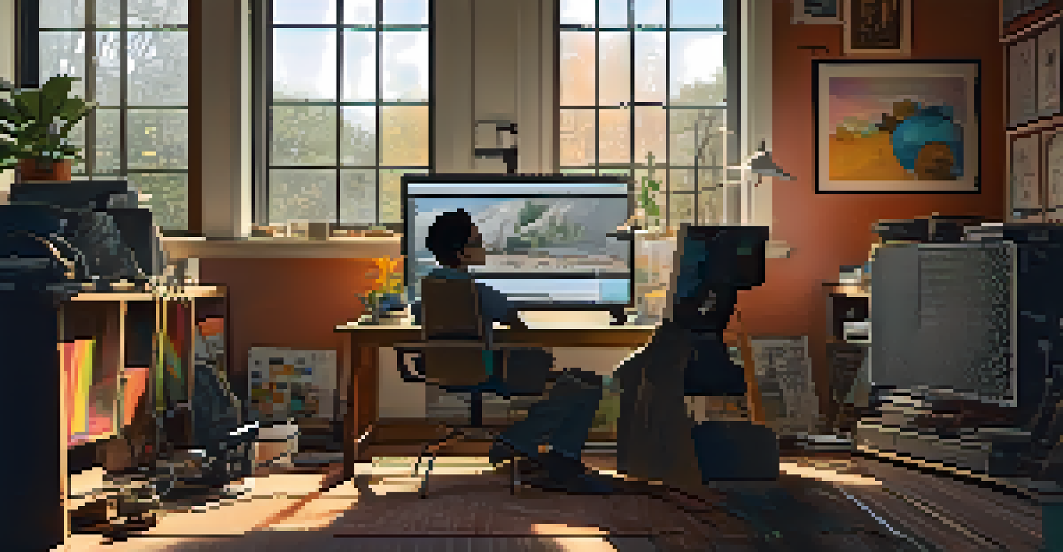 An independent filmmaker working diligently on visual effects in a cozy workspace filled with sketches and computer equipment.