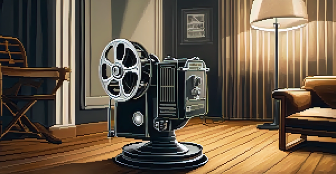 A vintage film projector in a dark room, projecting a classic black and white movie scene onto a screen, with warm lighting and a stack of film reels nearby.
