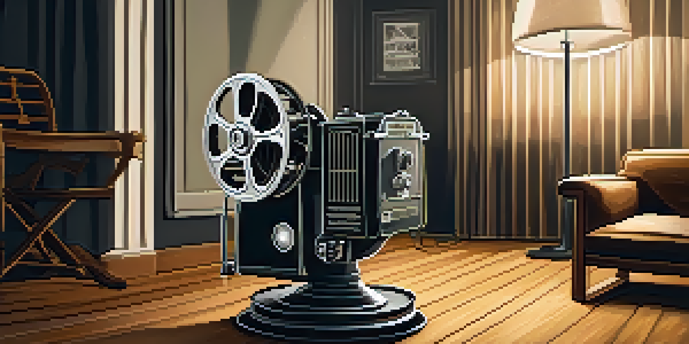 A vintage film projector in a dark room, projecting a classic black and white movie scene onto a screen, with warm lighting and a stack of film reels nearby.