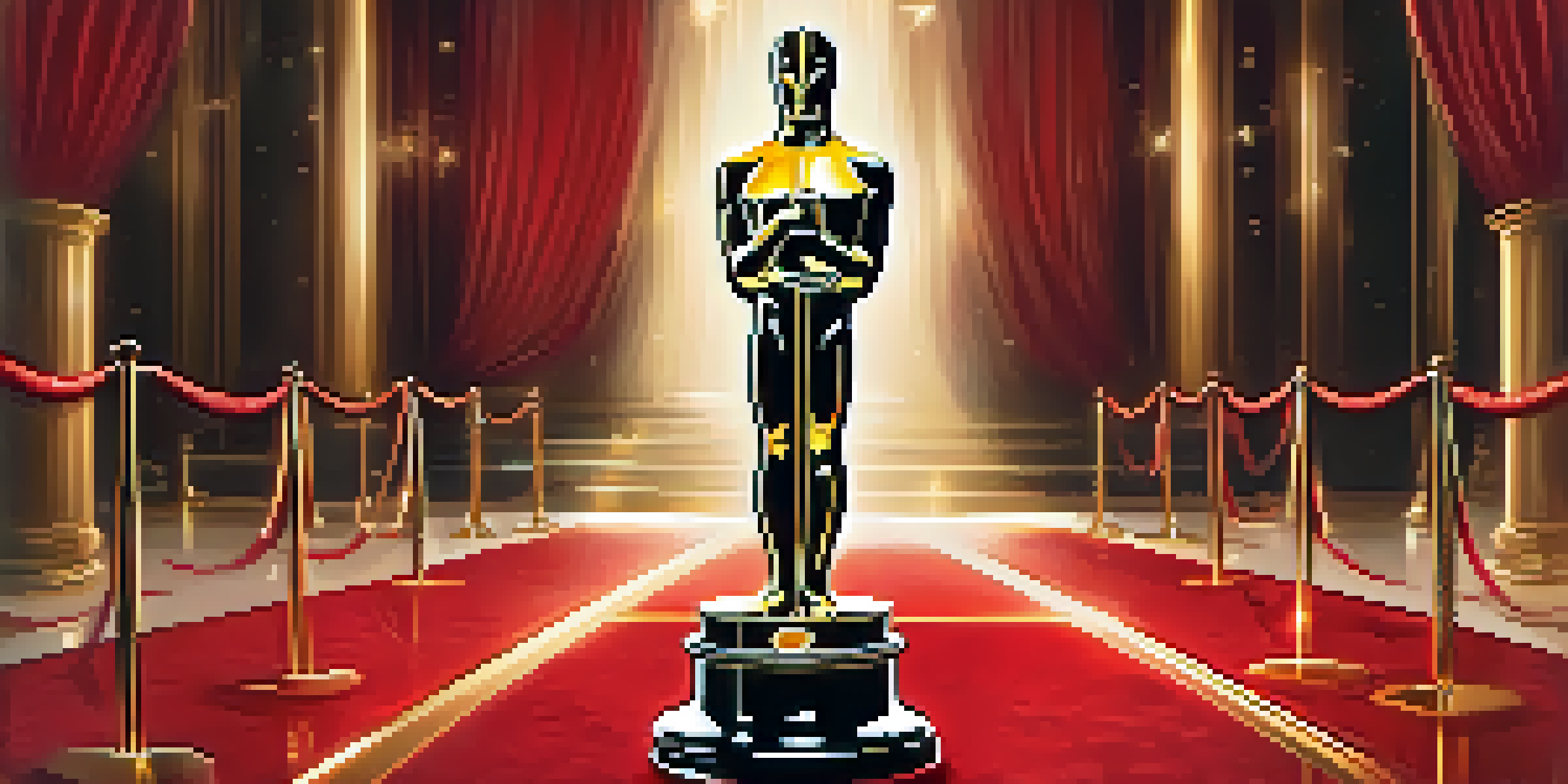A shiny Oscar statue surrounded by red carpet and starry background, symbolizing an awards ceremony.