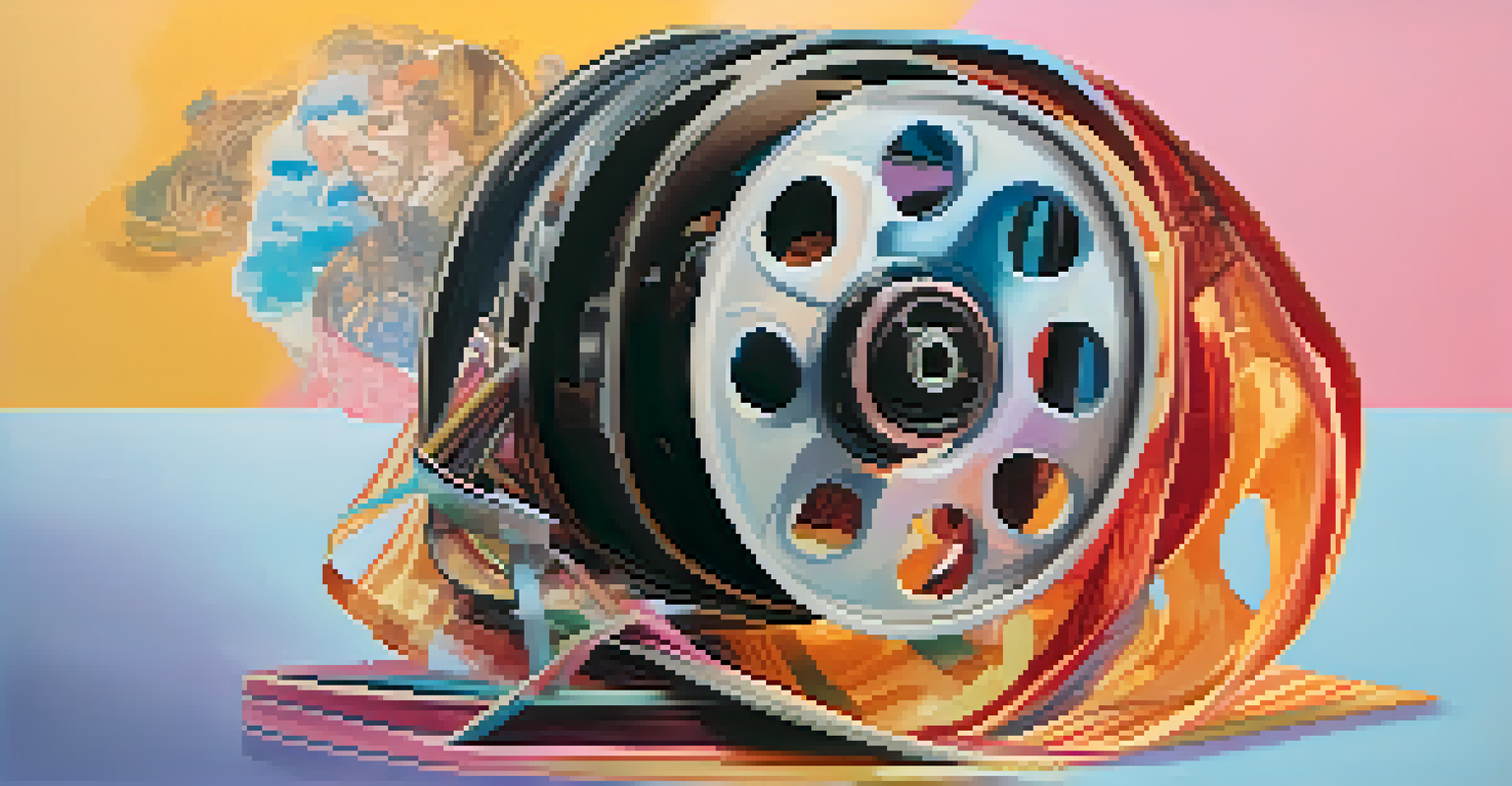 A film reel unraveling with vibrant images of diverse characters and storylines, set against a colorful gradient background.