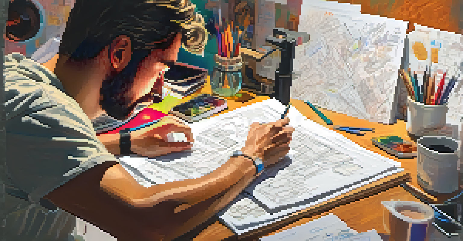 A close-up of a filmmaker's hands working on a storyboard with colorful sketches and notes on a well-lit desk.
