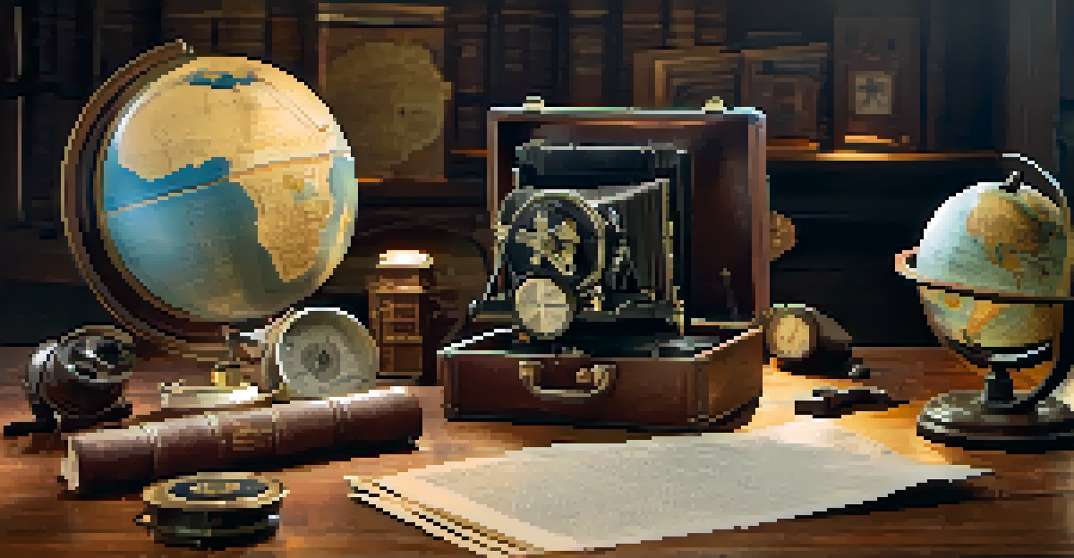 A close-up of a film script on a table with historical artifacts like a compass, camera, and globe.