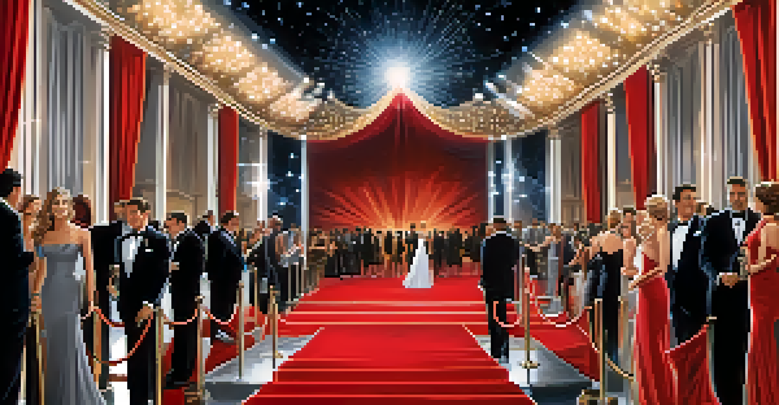 Television stars walking the red carpet at an award show, surrounded by cameras and glamorous decorations.