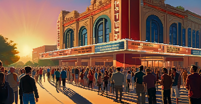 A vibrant film festival scene with diverse attendees outside a grand theater during sunset.