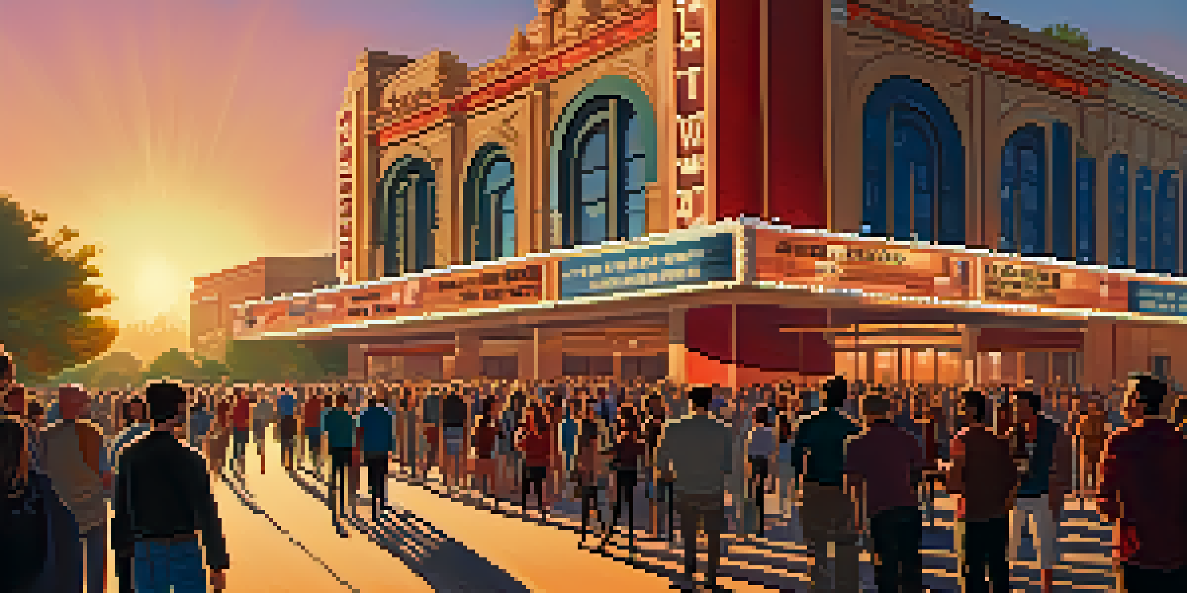 A vibrant film festival scene with diverse attendees outside a grand theater during sunset.