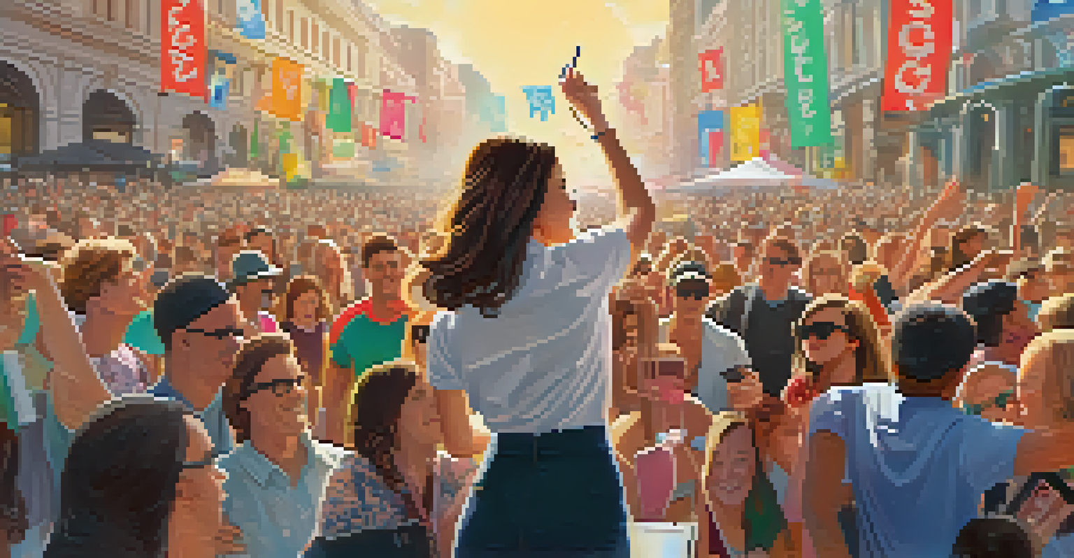 A cheerful outdoor fan event featuring a celebrity interacting with fans, while a publicist manages the crowd.