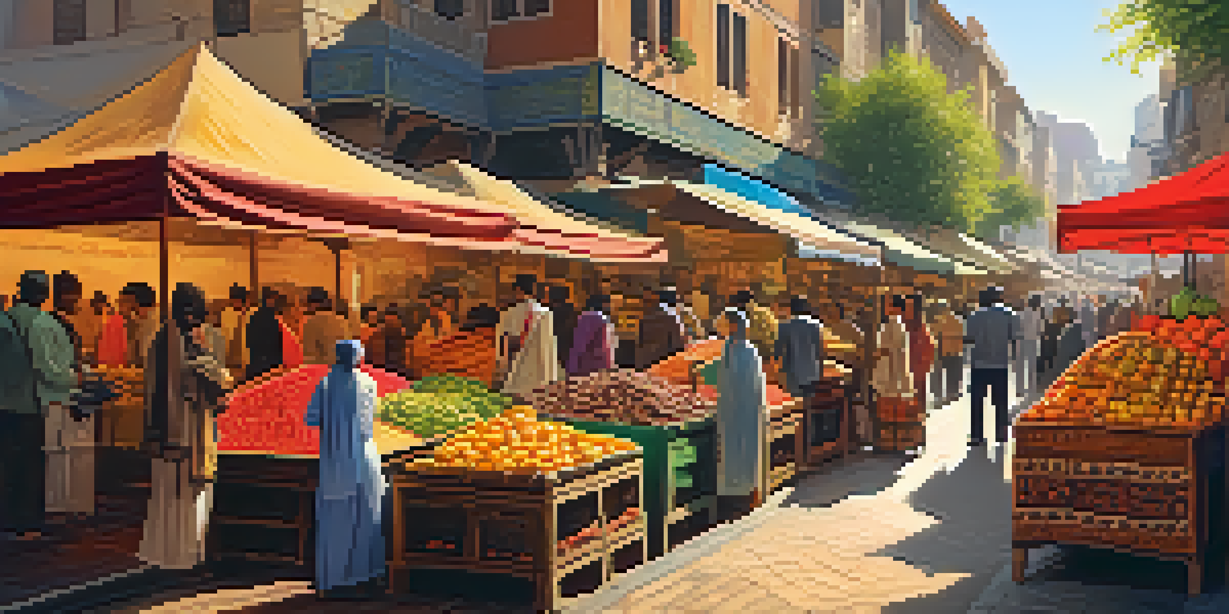 A busy international market scene with colorful stalls and diverse shoppers, under warm golden sunlight.