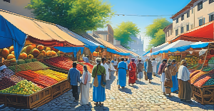 A lively marketplace with vendors and customers from various cultures, colorful products displayed, and a sunny sky.