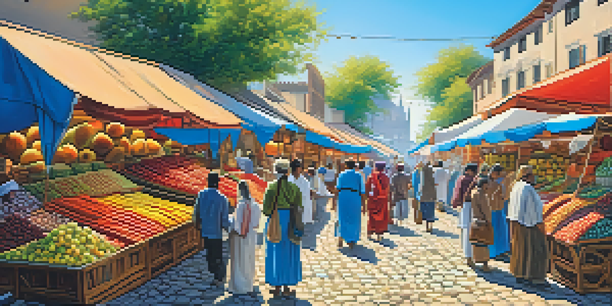 A lively marketplace with vendors and customers from various cultures, colorful products displayed, and a sunny sky.