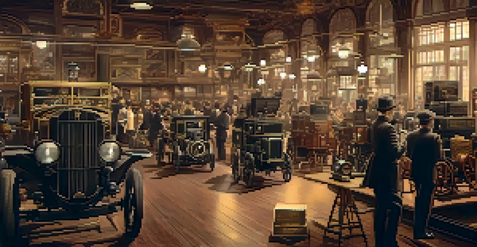 A historical film set from the early 1900s, with visual effects artists using vintage cameras and props, bathed in warm sepia tones.