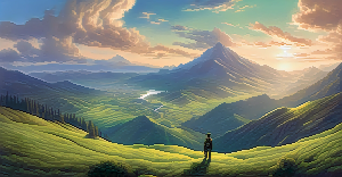 A cinematic landscape with a green valley and a lone adventurer looking towards distant mountains under a dramatic sky.