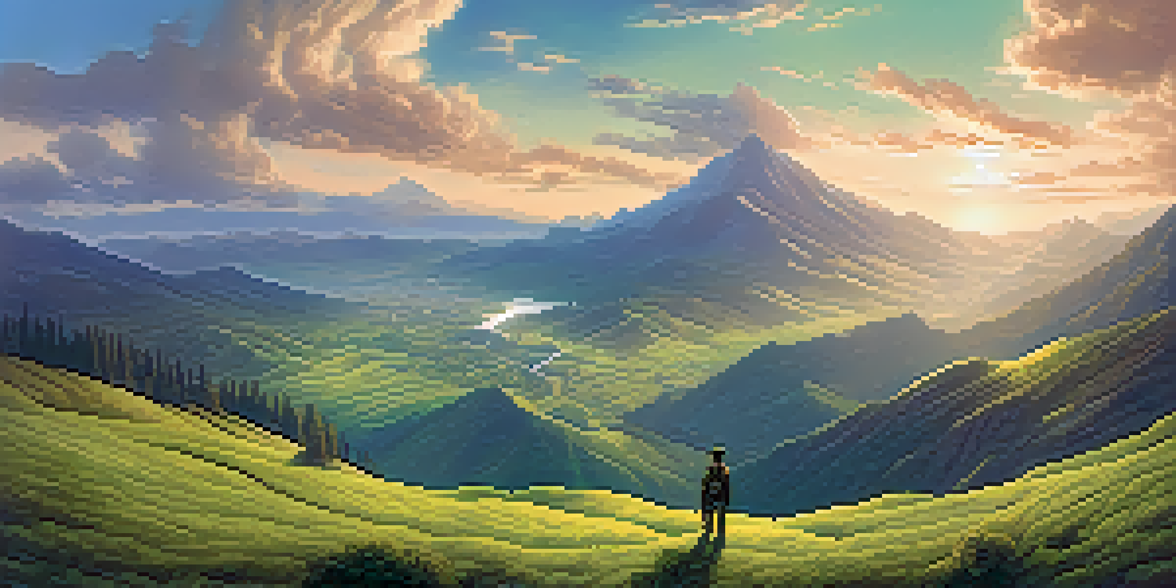 A cinematic landscape with a green valley and a lone adventurer looking towards distant mountains under a dramatic sky.