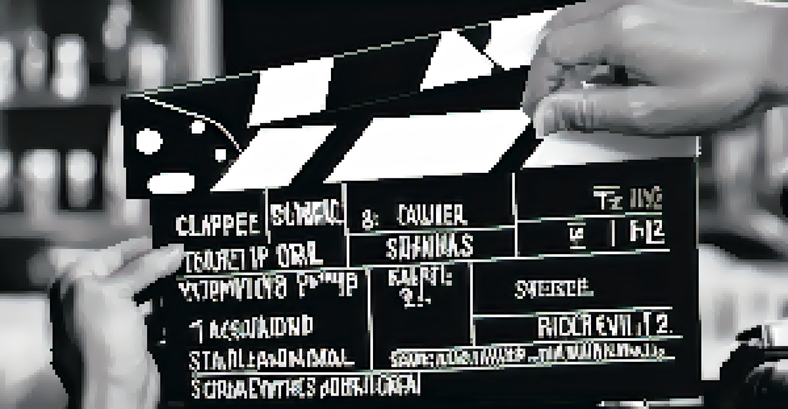 Close-up of a director's hands holding a clapperboard on a film set, with warm lighting and a blurred background.