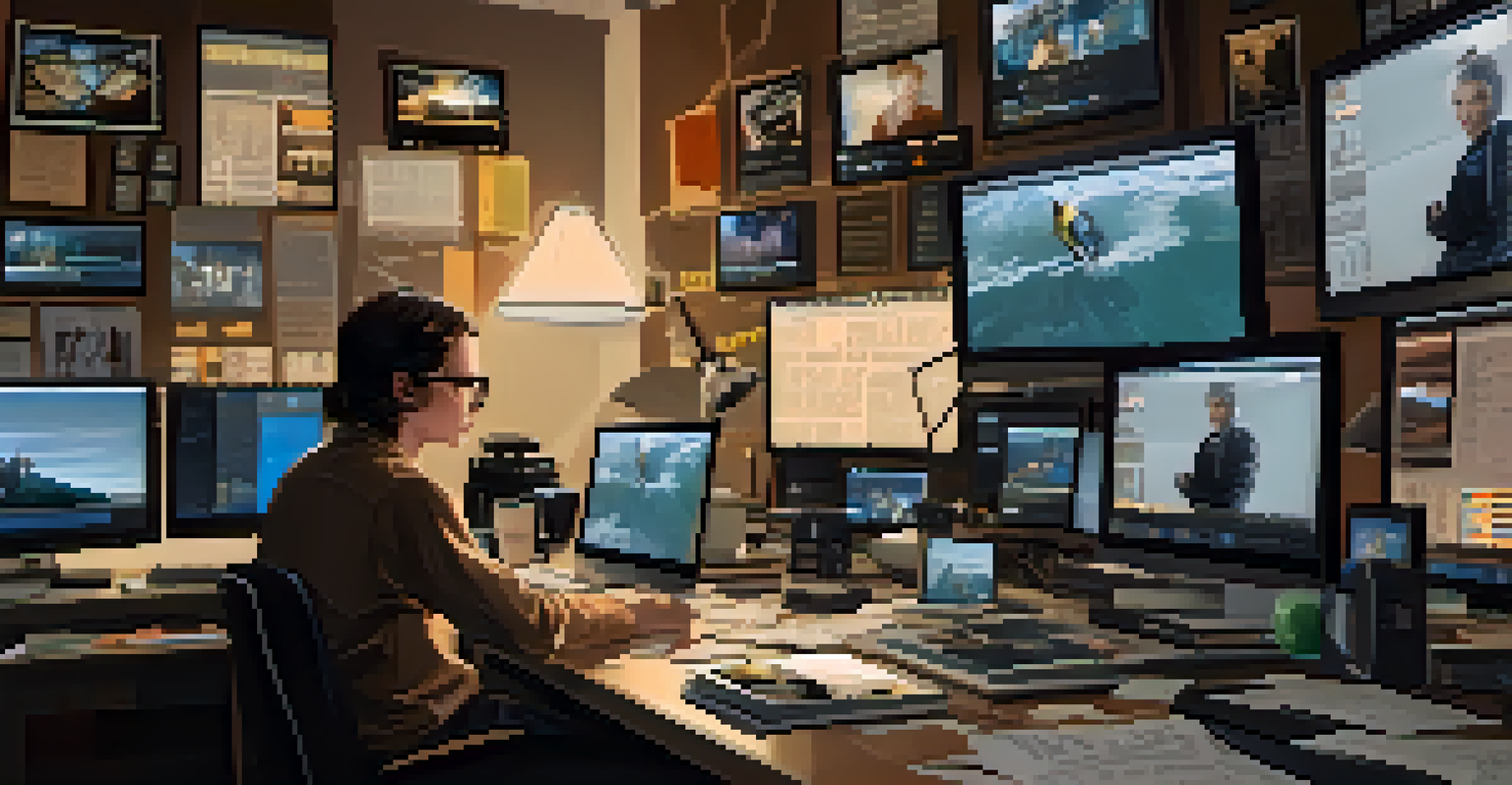 A film editor working in a dimly lit room with multiple screens and notes around.