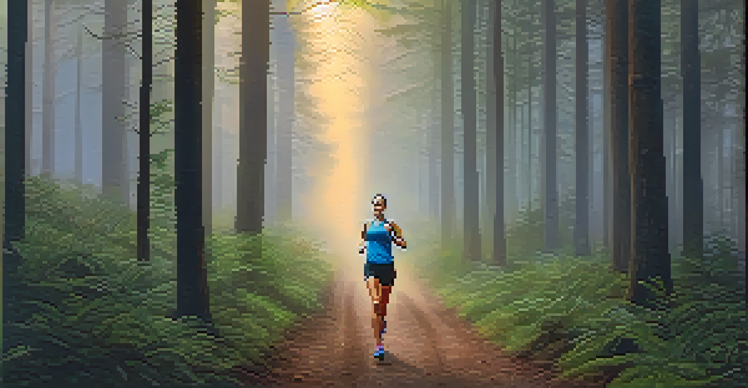A female runner on a forest trail at dawn, surrounded by mist and tall trees.