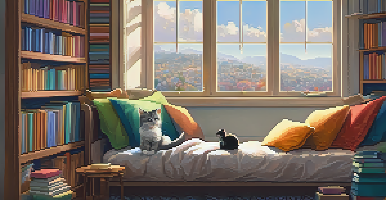 A person with a visual impairment listening to an audiobook in a cozy reading nook filled with books and soft lighting.