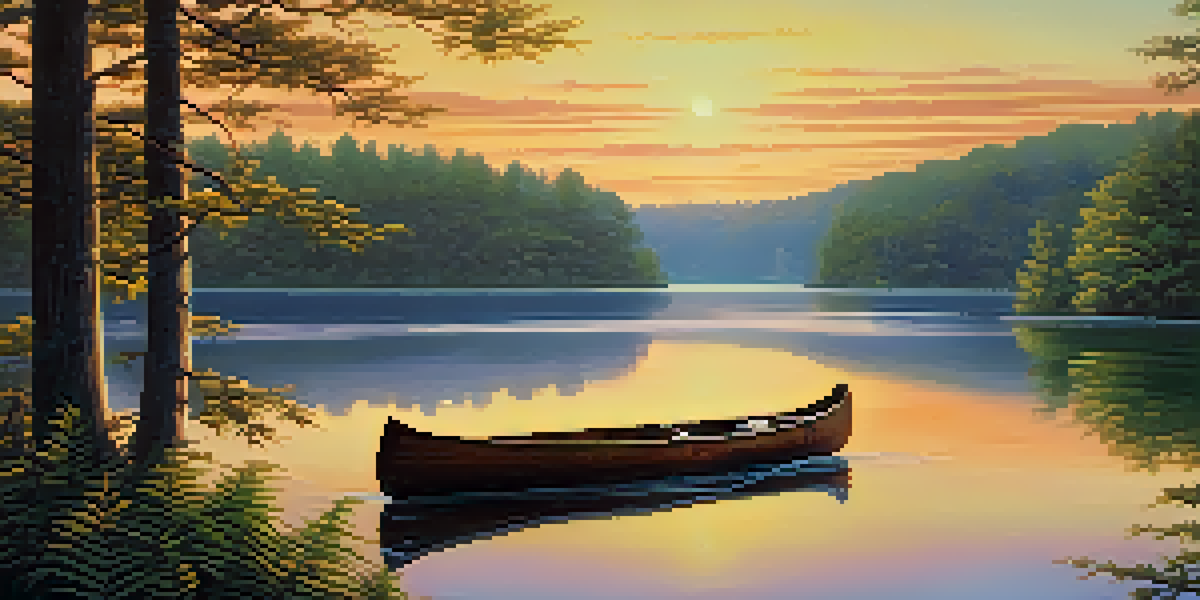 A peaceful lake at sunrise with a canoe floating on the water and trees surrounding the shore.