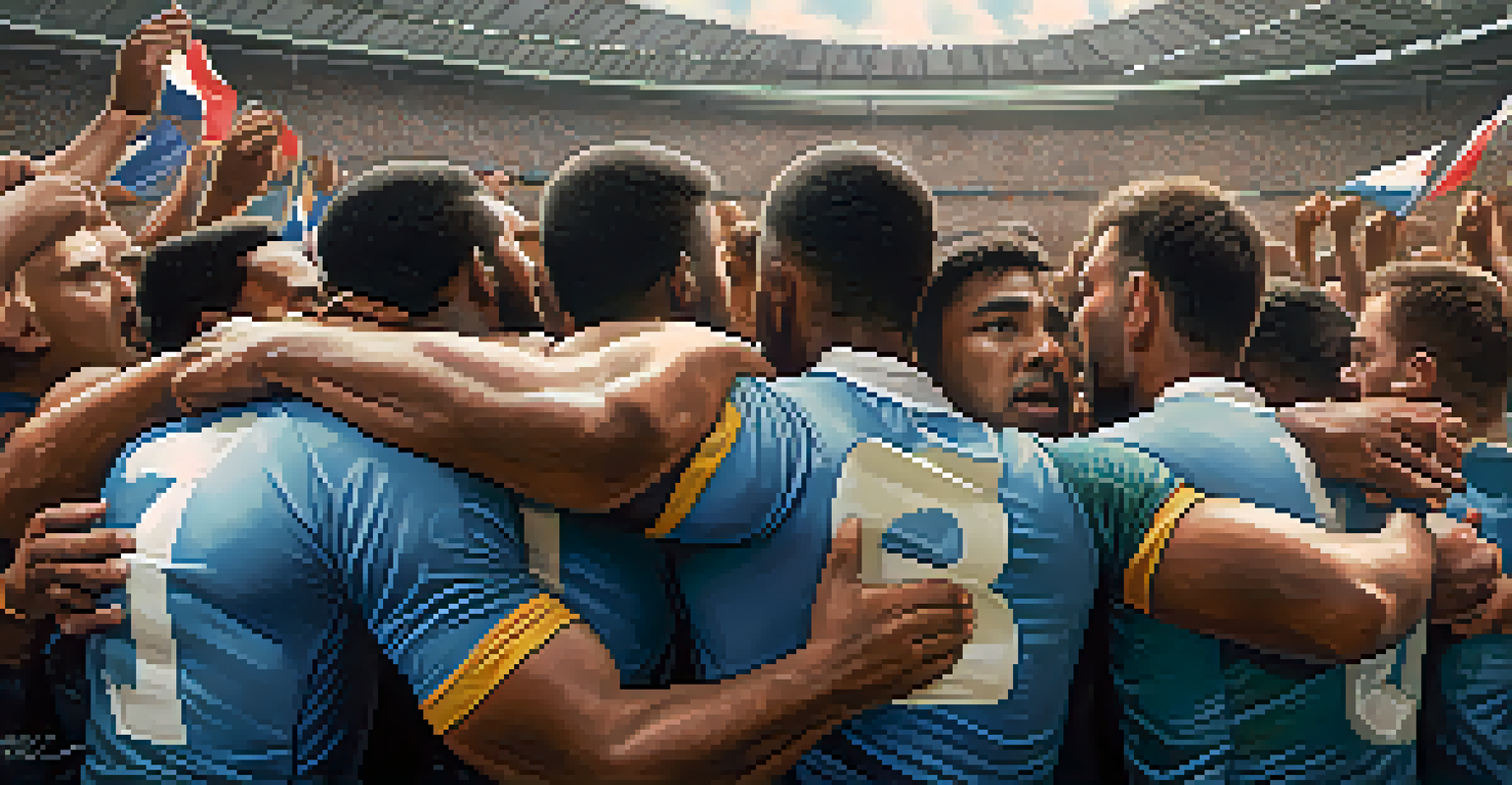A diverse rugby team huddled together in a stadium, displaying determination and unity before a match.
