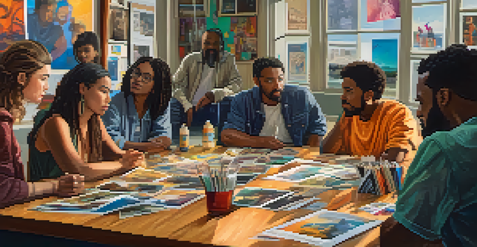 A diverse group of filmmakers collaborating at a table, with colorful posters on the walls and natural light coming through large windows.